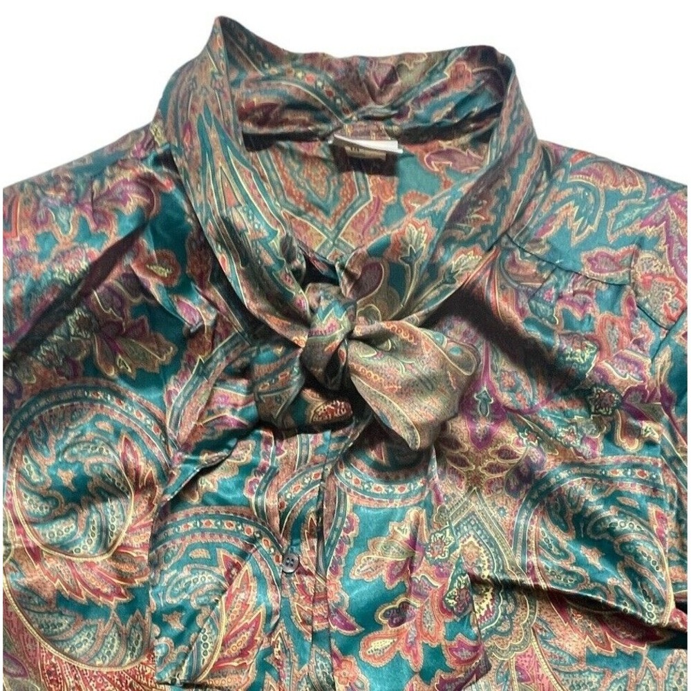Russ Vintage Blouse Womens Sz 14 Neck Tie Business/Classy, Shoulder Pads Buttons